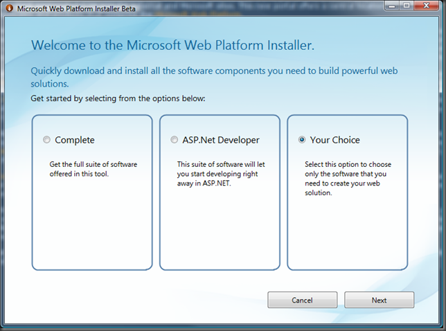 Microsoft Web Platform Installer screen