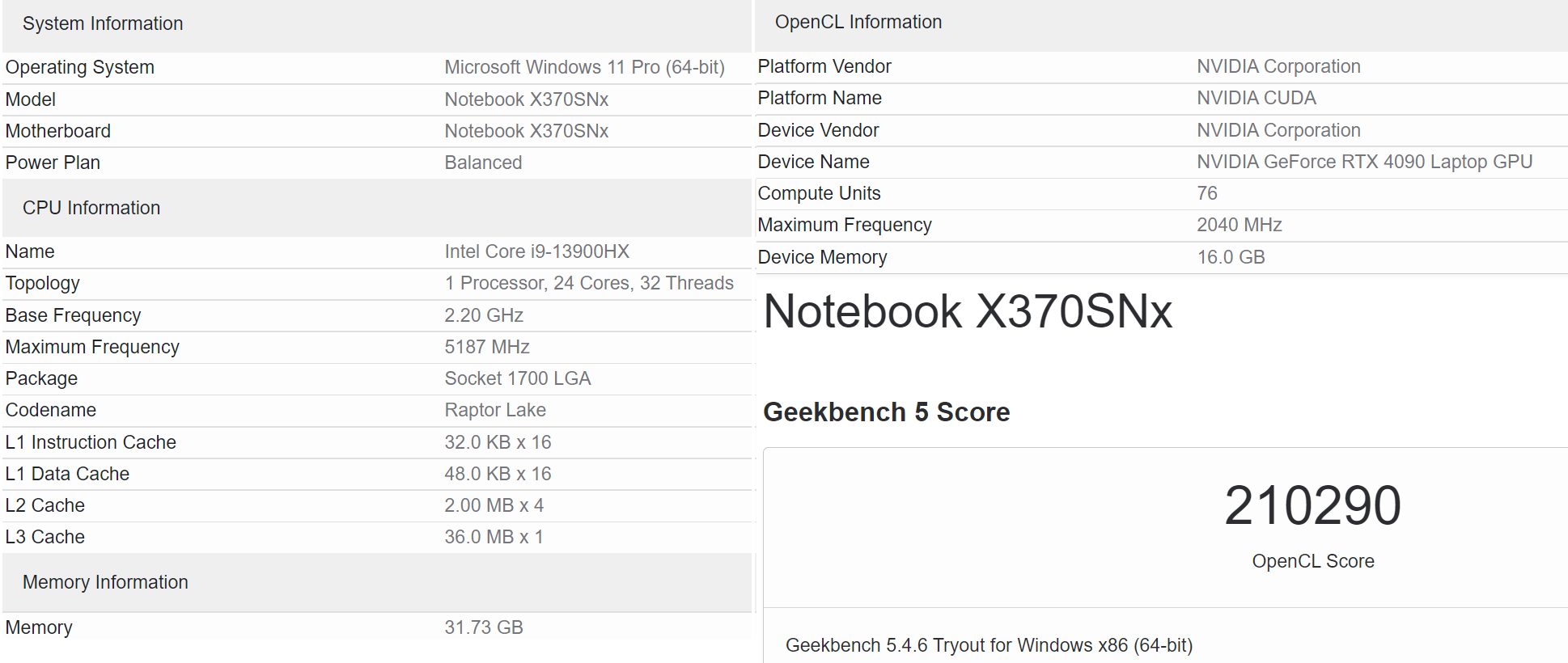 Nvidia GeForce RTX 4090 mobile Geekbench