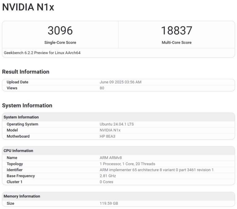 Nvidia N1X Geekbench