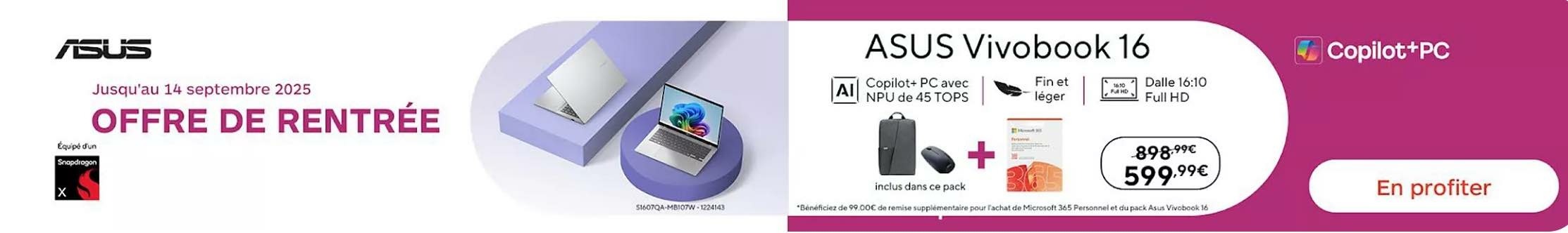offre de rentre?e Boulanger - pack Asus Vivobook 16
