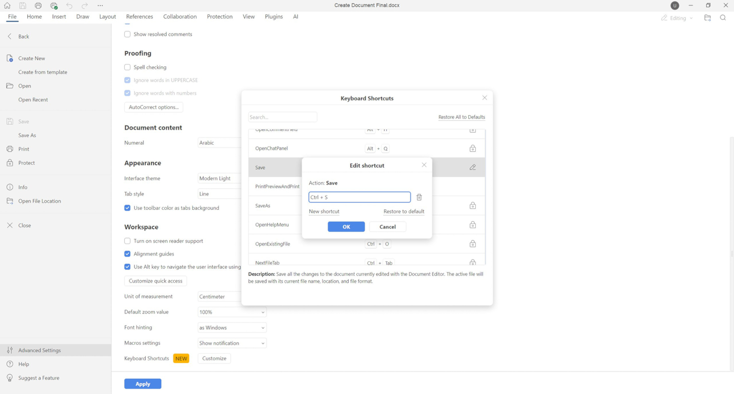 onlyoffice-raccourci-clavier