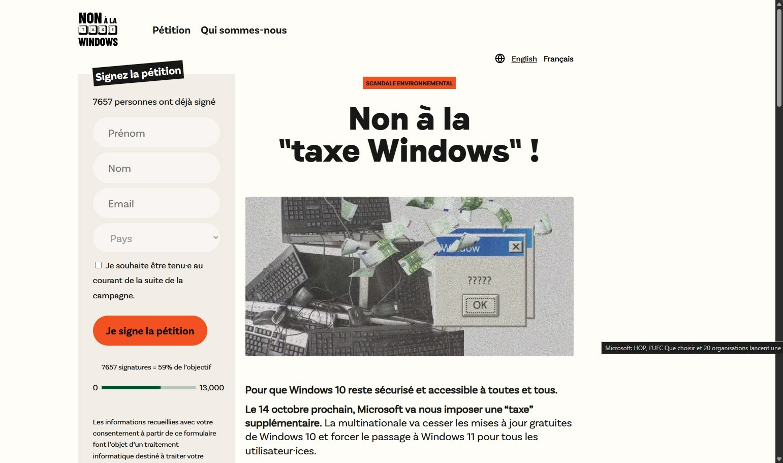 pÃ©tition contre taxe windows
