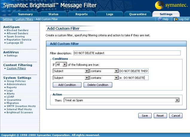 Symantec Brightmail Message Filter