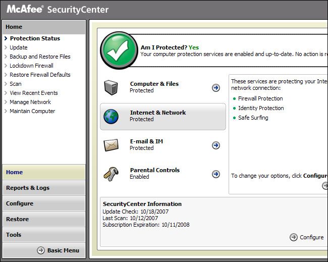 McAfee Total Protection screen