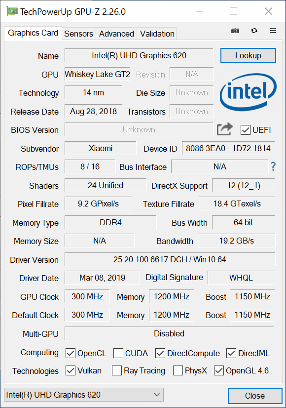 RedmiBook 14 - GPU-Z Intel UHD Graphics 620
