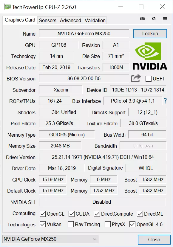 RedmiBook 14 - GPU-Z Nvidia GeForce MX250