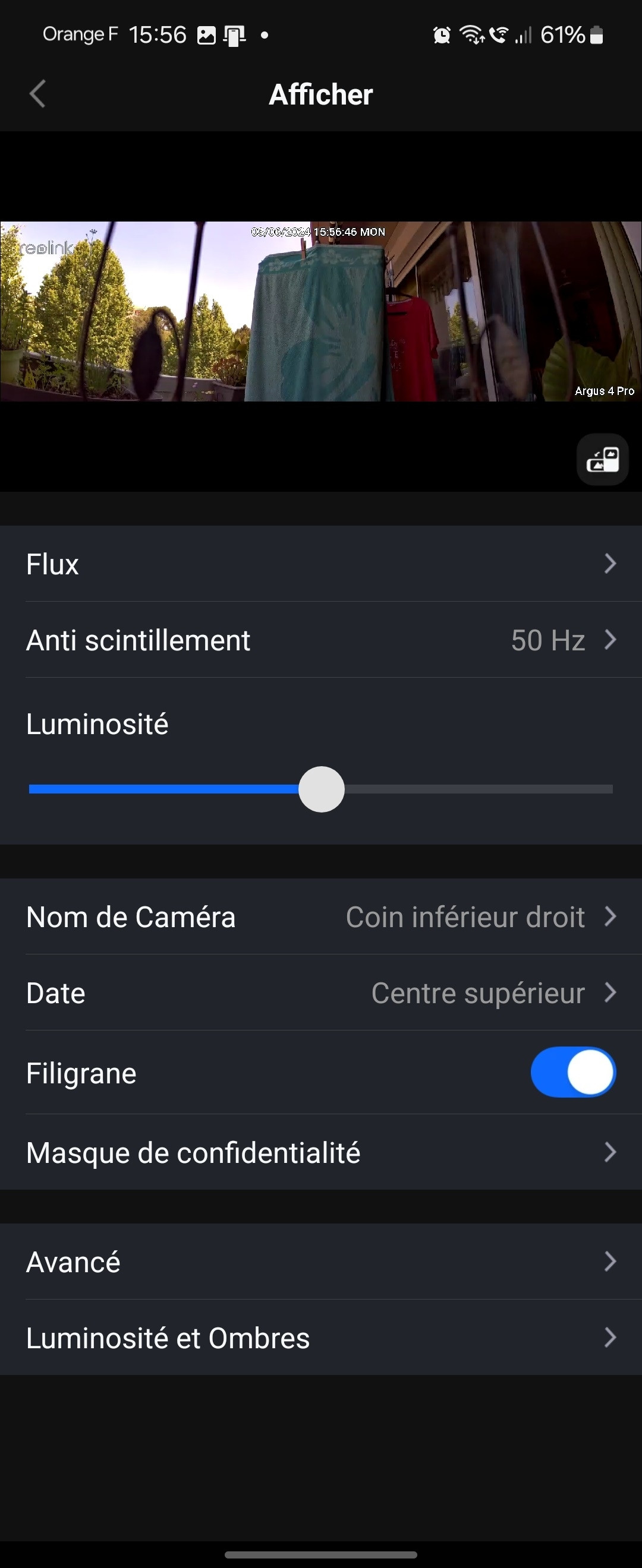 Reolink application parametre flux