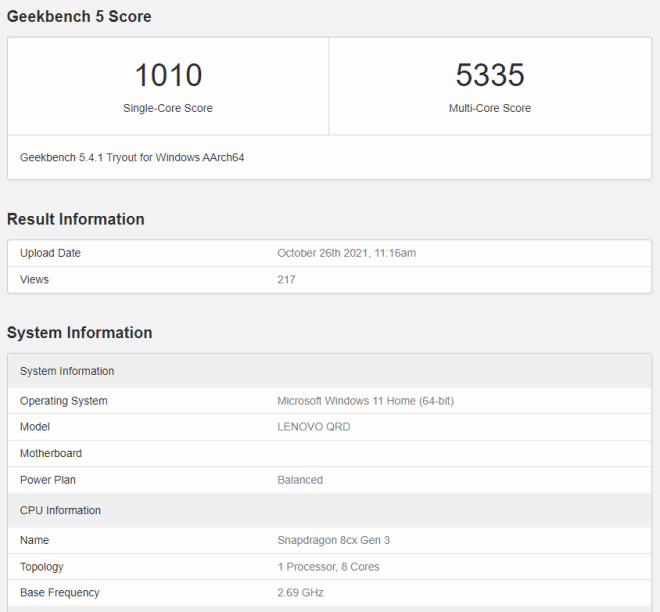 Snapdragon 8cx Gen 3 Geekbench 5