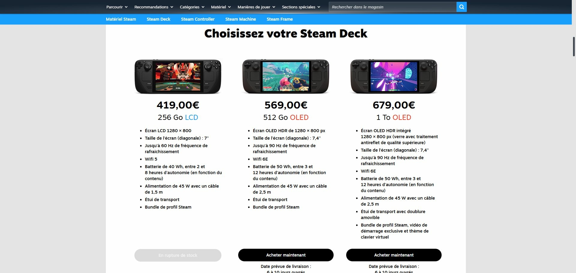 Steam Deck prix