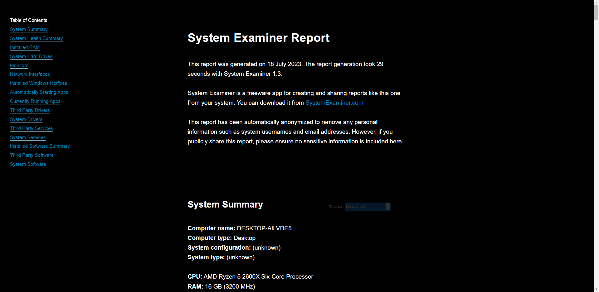 system examiner screen