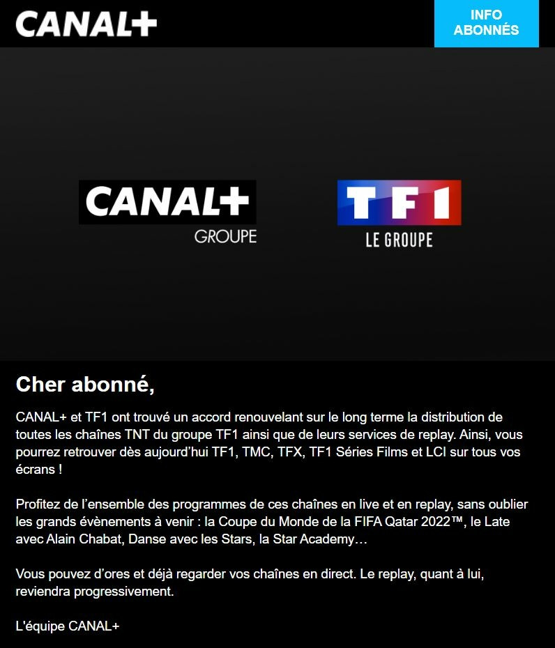 TF1 Canal accord distribution diffusion chaine