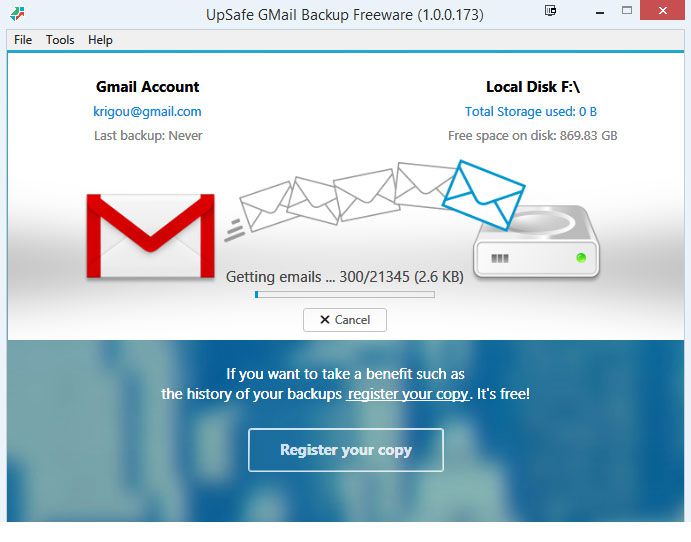 UpSafe GMail Backup screen