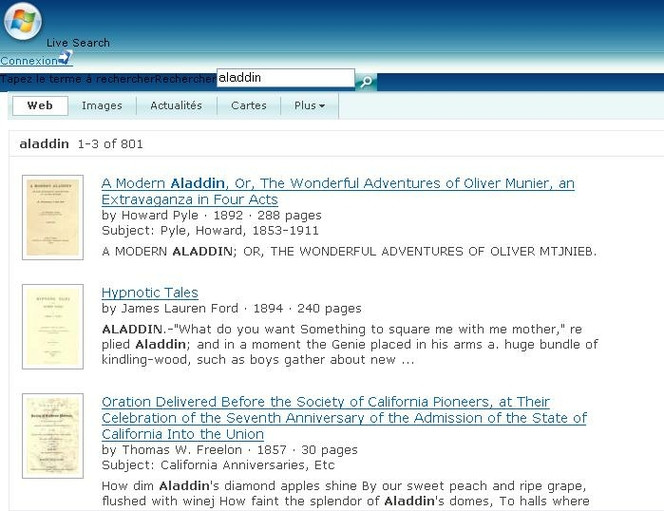 Windows Live Search Books ; résultats