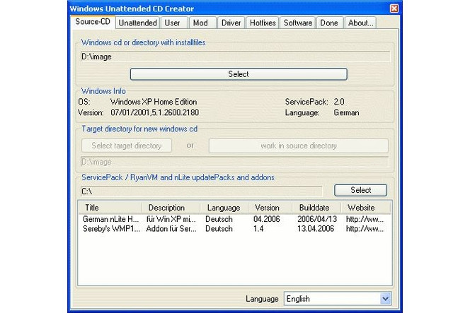 Windows Unattended CD Creator screen 1